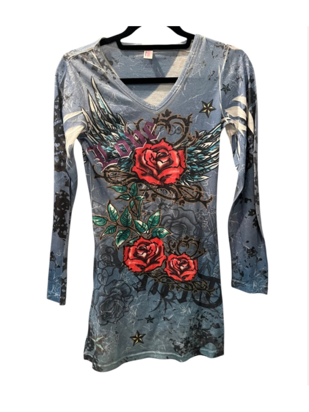 Vintage Otomix Y2K Blue Grunge Tattoo Graphic Top Cyber Gothic Rose Wings Large